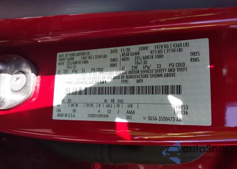 2020 Ford Escape Sel из США, поврежденный, VIN 1FMCU0H63LUC56541